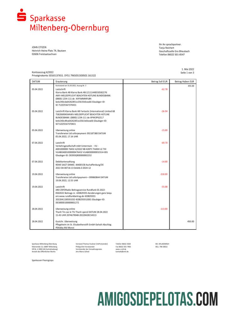em branco Alemanha Sparkasse Miltenberg Obernburg Extrato bancário modelo Word e PDF